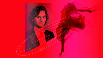 Headshot of Aidan Mikdad next to a headless ballerina in motion