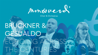 Blue Background with Images of Jonathan Sells (Conductor) and singers of the Monteverdi Choir