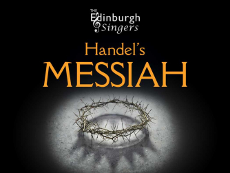 A crown of thorns sits in a halo of light in the centre of a black background. Above is the title of the concert, Handel's Messiah, and the Edinburgh Singers logo.