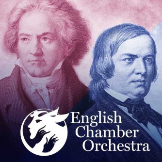 contrasting pictures of Beethoven and Schumann and the logo of the orchestra