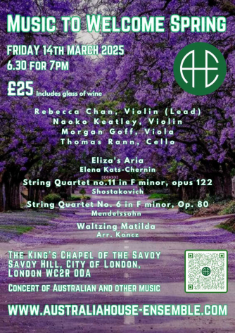 Spring theme. Australian professional musicians who play with the major symphony orchestras in London. Rebecca Chan (Violin), Naoko Keatley (violin), Morgan Goff (viola), Tom Rann (cello).