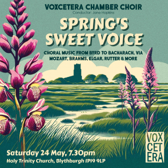 Poster image for Voxcetera: Spring's Sweet Voice, showing flowers and marshland, and Blythburgh church in the distance.