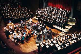 Aerial photo of University Choir in performance