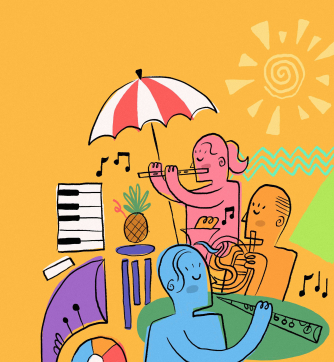 Brightly coloured, summery cartoon featuring some people playing the flute, clarinet and French horn