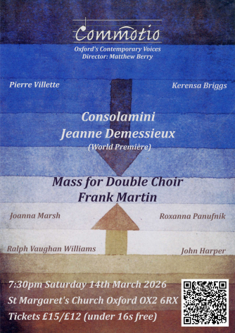 An ombre design with arrow by Paul Klee forms the background with names of the composers for Commotio's concert placed around the image.