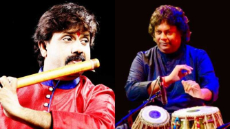 Promotional poster for Oxford Raga Unison: Duet of Winds and Drums at the Holywell Music Room, featuring Pandit Ajay Prasanna and Kousic Sen.