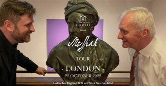 Ben England BEM and Mark Strachan BEM with a bust of George Frideric Handel, accompanied by the text, "Choir of the Earth presents Messiah Tour. London. 22 October 2022. Led by Ben England BEM and Mark Strachan BEM.