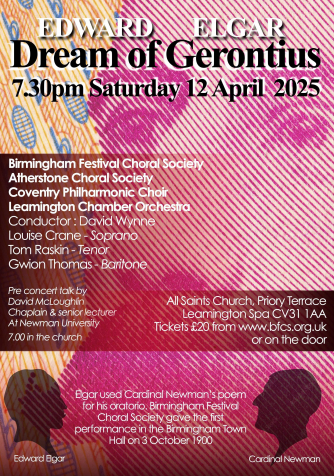 An image of Elgar's face, overlaid with concert details in text.