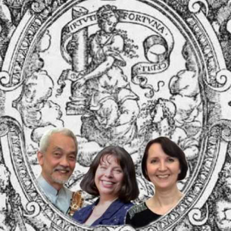 Din, Jane and Carmel inset in woodcut image