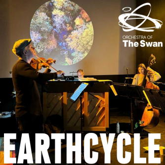 Violin player and double bass and pianist playing in front of a projected moon.