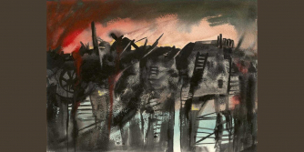 The image featured here is War Requiem, op. 66, by our Artist-in-Residence, Jane Mackay, inspired by the music of Benjamin Britten.