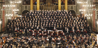The Bach Choir and the Philharmonia Orchestra playing in concert