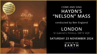 An oil painting style image of Joseph Haydn and Admiral Nelson shaking hands over a wooden table in a room lit by candles. The text invites you to come and sing Haydn's Nelson Mass with Choir of the Earth Events in London on 23 November 2024