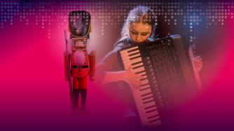 Alise Silina playing the accordion overlayed with an image of the Nutcracker and snowflakes
