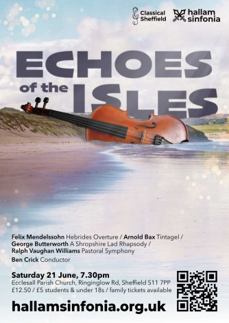 A violin rests in the sea with the English countryside in the background.