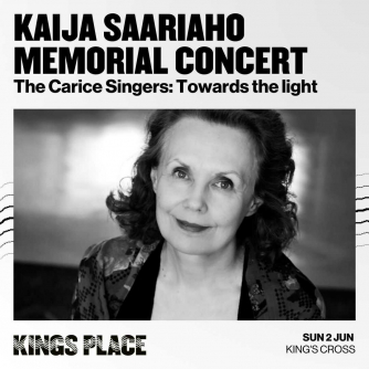 image of composer Kaija Saariaho with text giving concert details: Sunday 2 June, 6pm. at Kings Place