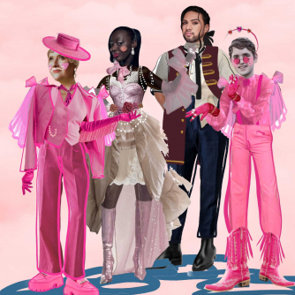 characters dressed up in flamboyant pink cartoon outfits