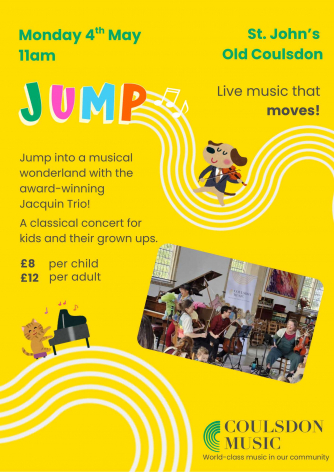 Bright yellow poster for JUMP, the Florian Ensemble's concert series aimed at kids aged 4-11