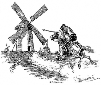 Don Quixote charges a windmill