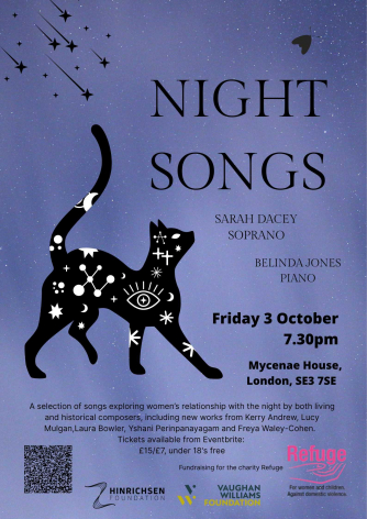 A graphic of a black covered in white stars, chasing a moth, with background of a purple/blue evening sky and shooting stars