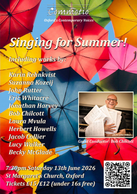 Colourful umbrellas provide shade on a summer's day for Commotio's vibrant concert with Bob Chilcott