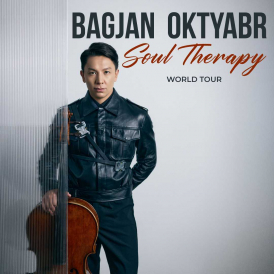 Promotional poster for Bagjan Oktyabr’s Soul Therapy concert in London, featuring the cellist seated with his cello on a light background.