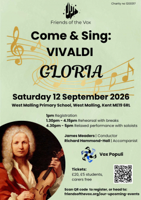 Hosted by our non-auditioned SATB choir, Vox Populi, and led by artistic director James Meaders, this special 'come and sing' event will explore Vivaldi's exuberant 'Gloria'!