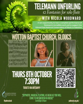 Nicola Woodward and her flute are the centre image with typed text saying Wotton Baptist Church, Gloucs, Thursday 8th October at 7:30pm for PalMusic UK