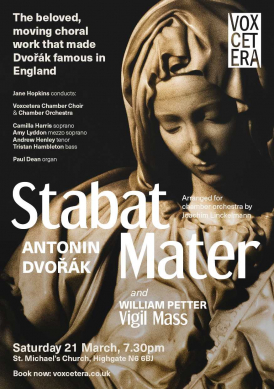 A detail of Mary with downcast eyes from Michaelangelo's Pieta sculpture, with the text "The beloved, moving choral work that made Dvorak famous in England", and a headline that says "STABAT MATER: Antonin Dvorak".