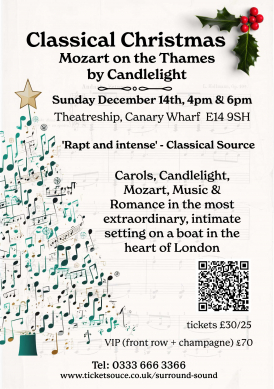 Carols, Candlelight, Music & Romance in the most extraordinary setting on a boat in the heart of London. One night. One boat. Endless magic.