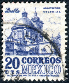Vintage postage stamp featuring Puebla Cathedral